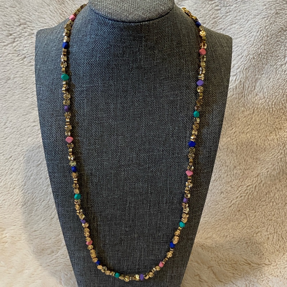 Costume Jewelry - 25" Beaded Necklace Goldtone and Multi-Colored Faux Beads